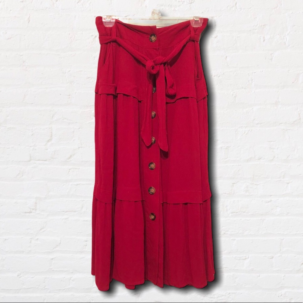 Glam Tiered Red Midi Skirt with Tie Belt & Buttons